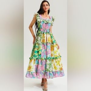 NWT Dalia Macphee Printed Sleeveless Square Collar Ruffle Hem Midi Dress 🪻🌸🌾